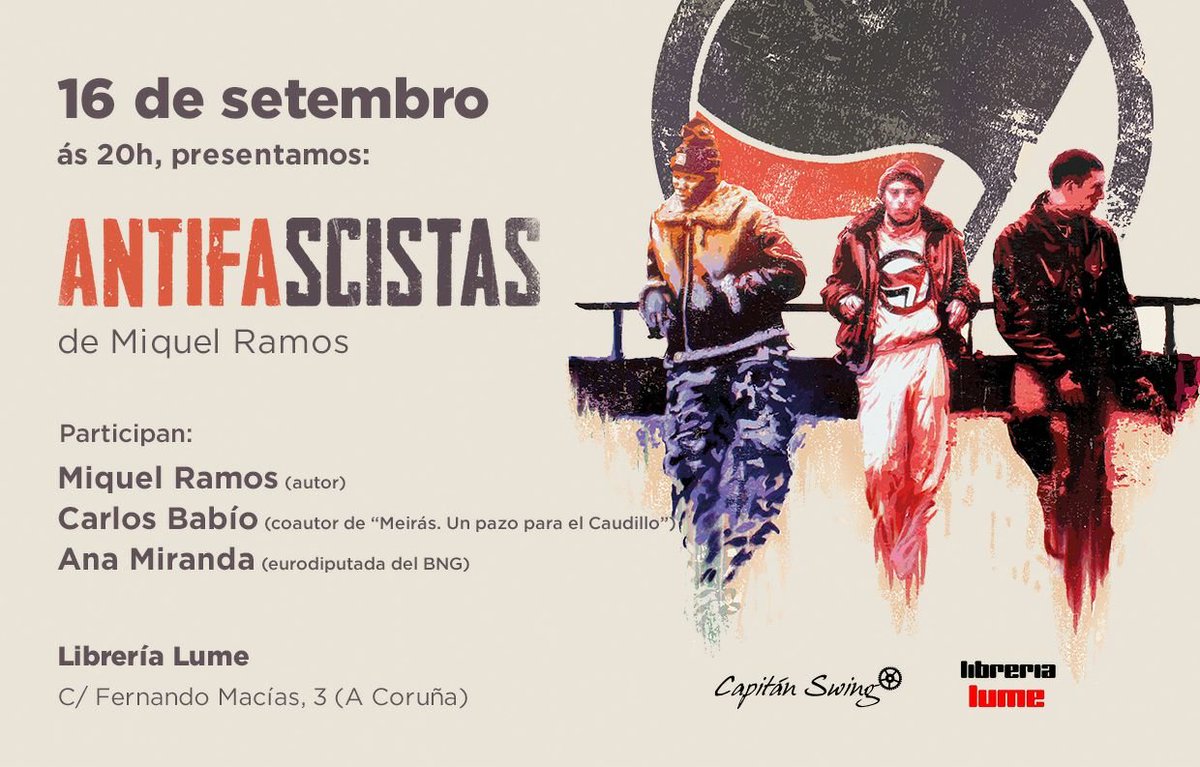 Si eres o estás en Coruña, estás de suerte:

Esta tarde <a href="/Miquel_R/">Miquel Ramos 🥘</a> presenta con <a href="/AnaMirandaMEP/">Ana Miranda</a> y <a href="/cbabio/">Carlos Babío</a> su libro 'Antifascistas' en <a href="/LibreriaLume/">Libreria Lume</a> a las 20h.
Una mirada y un homenaje a quienes combatieron, demasiadas veces en soledad y desde diferentes ámbitos, al fascismo español