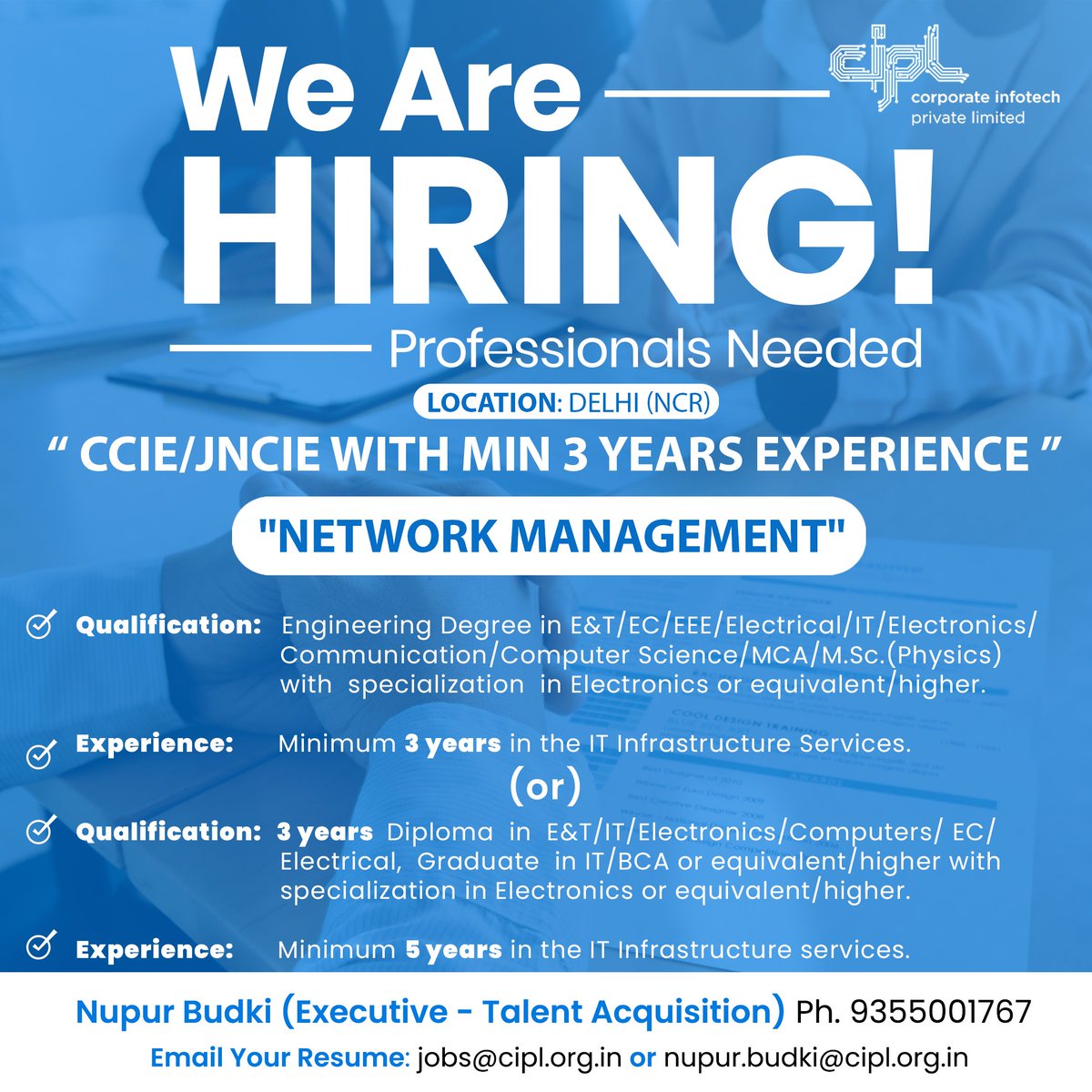 👉 Designation: Network Management 👈

Min Certification &amp; Experience Required :-

👉CCIE/JNCIE with min 3 years experience 

#job #work #jobs #jobsearch #business #hiring #recruitment #jobseekers #careers #nowhiring #resume #follow #jobvacancy #ciplhiring #jobsearching #cipl