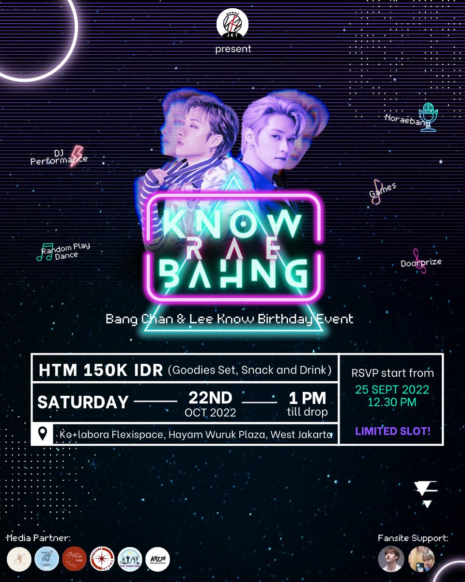 SKZevent_JKT's tweet photo. 【ＫＮＯＷＲＡＥＢＡＨＮＧ】
for @Stray_Kids Bang Chan &amp; Lee Know Birthday Event

📆 22 October 2022
📍 Ko+labora Flexispaces, JakBar
⏰ 1PM-end

📮Please re-read the info
📮open regist 25th Sept only at @SKZevent_JKT

Let's have fun together!

#KnowRaeBahng #Bangchan #LeeKnow https://t.co/In5lcbByBz