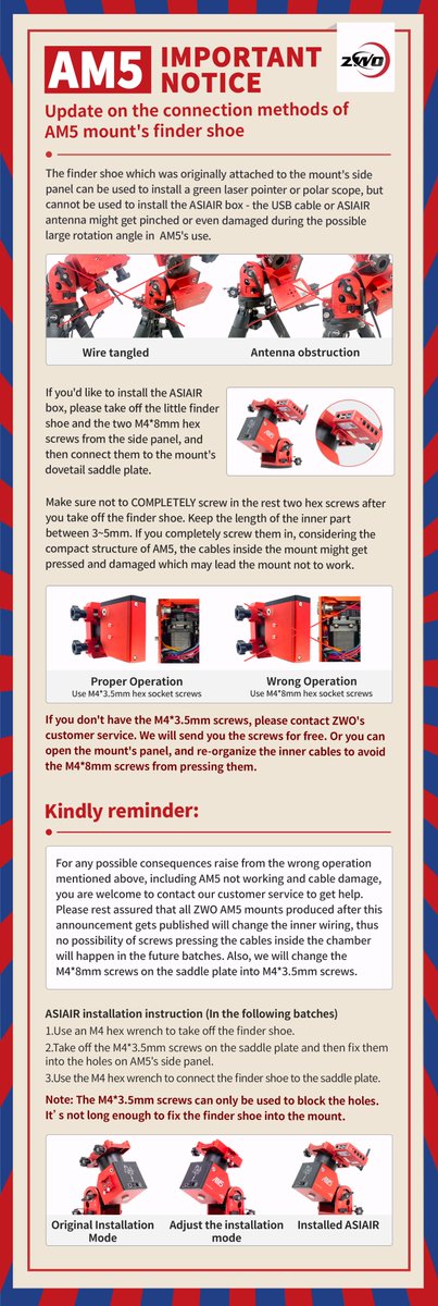 We just made some updates on the connect methods of the finder shoe attached to AM5's side panel. Please read the notification below and ask us any questions you have, we'd be very glad to answer them!  #zwoam5