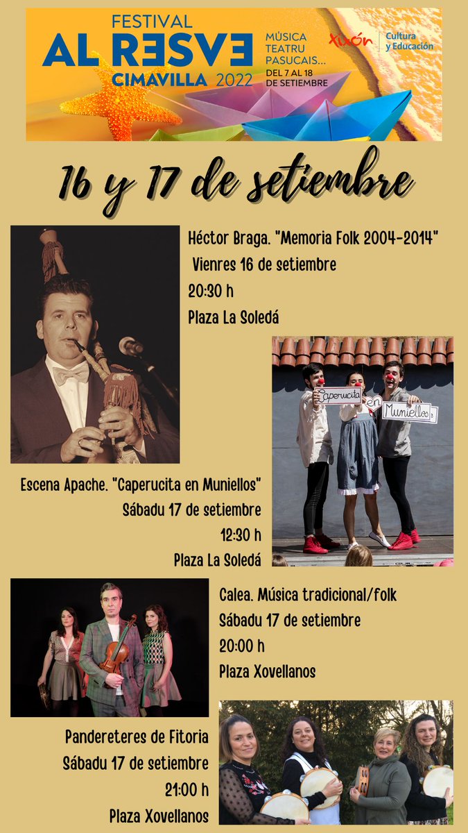 LlinguaXixon's tweet photo. Esta ye la programación de güei y de mañana nel festival #AlResve en #Cimavilla 🎊
¡Música y teatru en #Xixon! 🎉🎶 https://t.co/w6OEZgXfgO