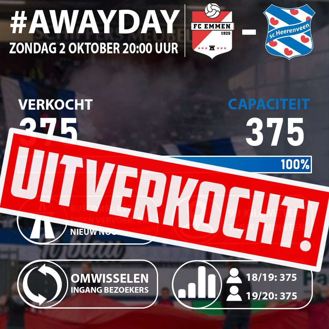 🔵𝙐𝙄𝙏𝙑𝙀𝙍𝙆𝙊𝘾𝙃𝙏⚪️

Binnen enkele minuten zijn alle 3️⃣7️⃣5️⃣ tickets verkocht!

#OveralWaarWeGaan #scHeerenveen #emmhee