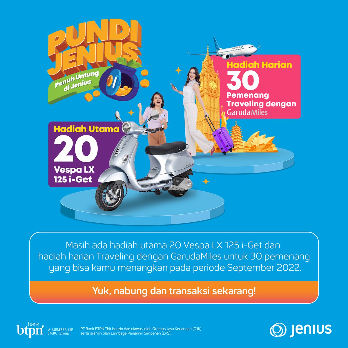 JeniusConnect's tweet photo. Siapa yang nunggu undian #PUNDIJenius bulan Agustus 2022? Ini dia pemenang GarudaMiles bulan ini!

Yuk tingkatkan saldo rata-rata kamu siapa tau bulan depan kamu menang undian! Hadiah utama Vespa LX125 i-Get masih menanti kamu lho~

Info lengkap cek di https://t.co/iseUHzHAqG https://t.co/rEe54wcGJx