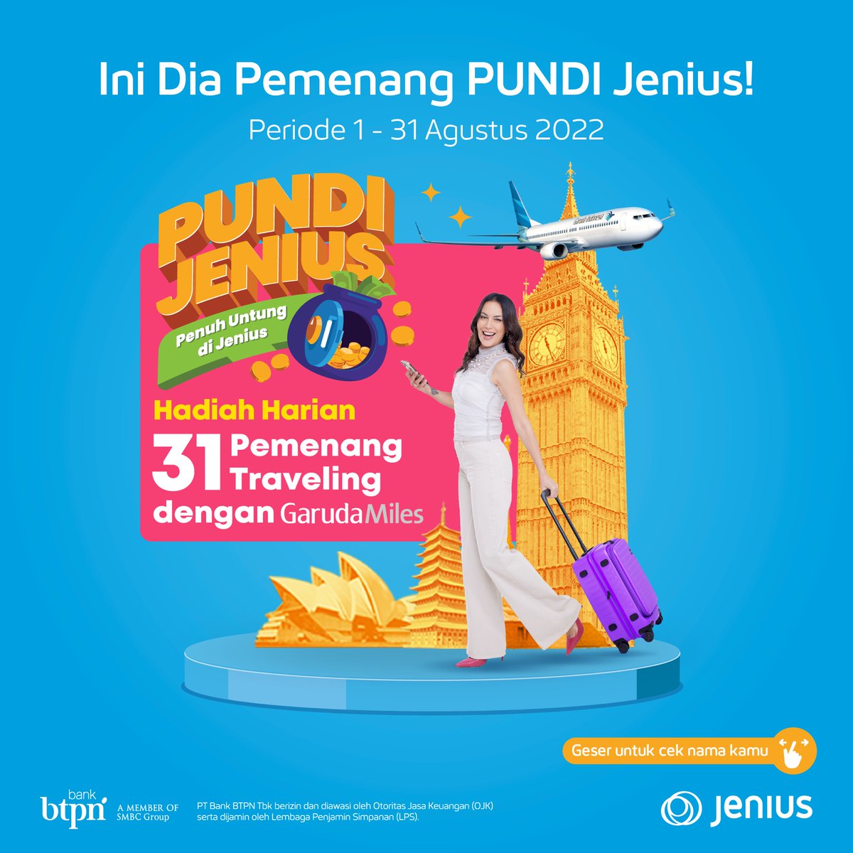 JeniusConnect's tweet photo. Siapa yang nunggu undian #PUNDIJenius bulan Agustus 2022? Ini dia pemenang GarudaMiles bulan ini!

Yuk tingkatkan saldo rata-rata kamu siapa tau bulan depan kamu menang undian! Hadiah utama Vespa LX125 i-Get masih menanti kamu lho~

Info lengkap cek di https://t.co/iseUHzHAqG https://t.co/rEe54wcGJx