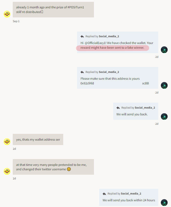 GinnyPosition's tweet photo. After distributing rewards to the 3 Cake contest winners, we discovered that one of them was a fake😰
Check the information thoroughly! We've re-awarded the prize to the correct winner.
Indeed, our holders' benefit is always the main priority!!! https://t.co/2OkkQvllM3