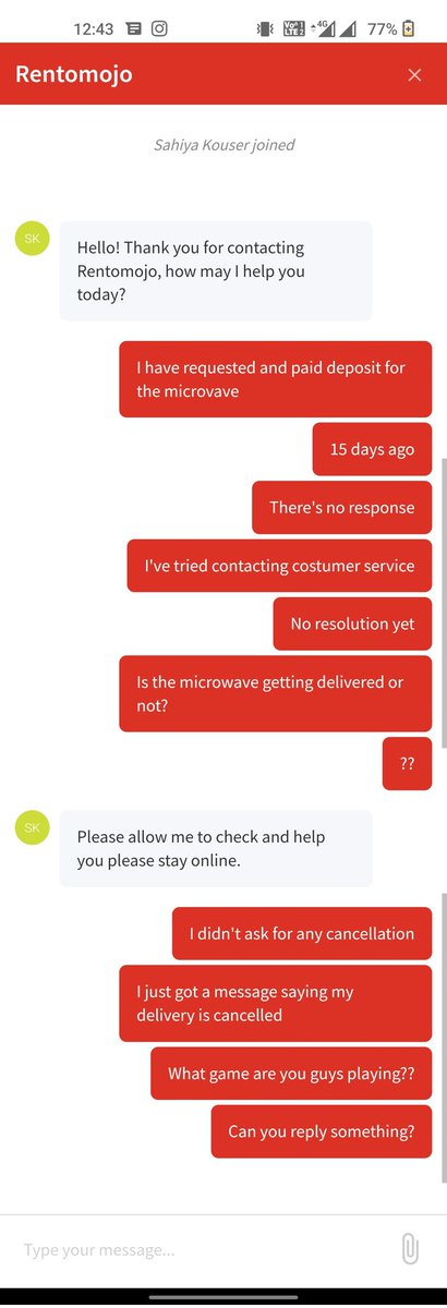 aps_hey's tweet photo. @rentomojo This is the most pathetic incompetent team and irresponsive customer care. I had booked a microwave oven 15 days ago. And now there's a cancellation message sent. https://t.co/hf1Li4Er3s