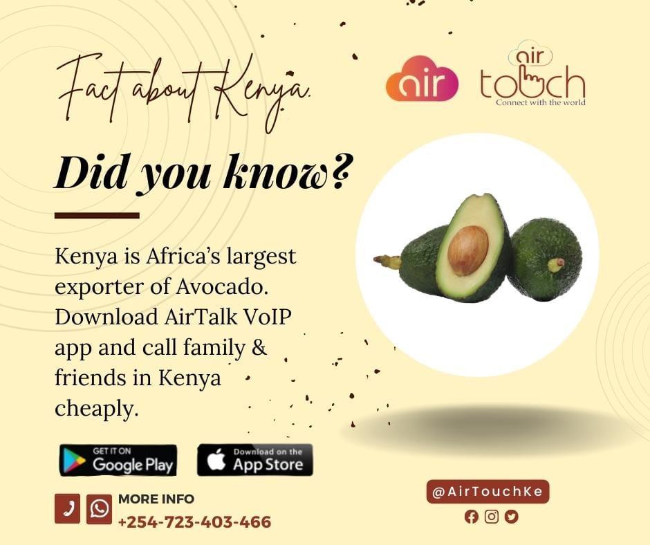 AirTouchKe's tweet photo. Did you know …
Kenya is still Africa’s largest exporter of Avocado🥑
Download the AirTalk app & keep in touch with family and friends in Kenya at affordable rates: https://t.co/MgA4nBcOYY
📞+254 723 403 466
#avocado #kenya #smsprovider #SMS #CallingApp Miguna|Kiambu Road|Amerix https://t.co/3IiJ2bSM1B