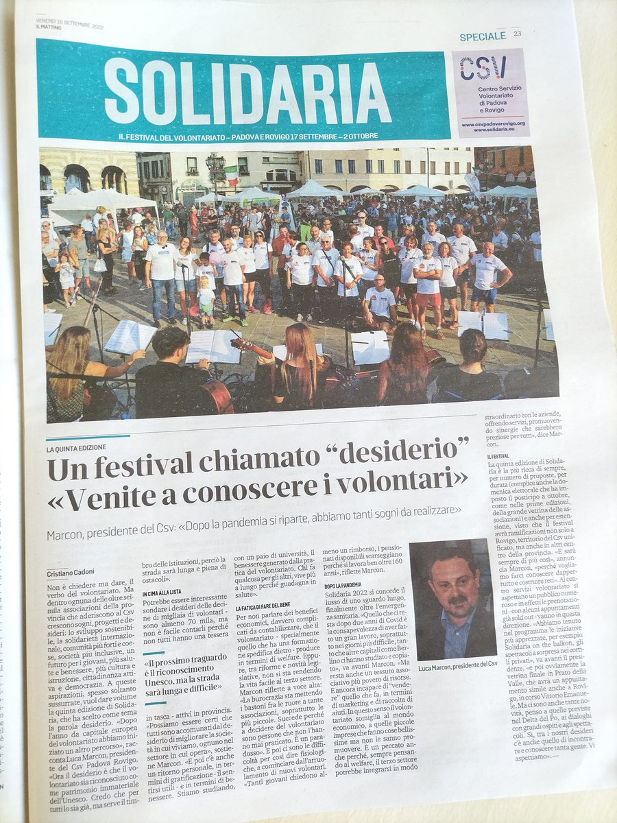 Oggi in edicola speciale su #Solidaria ne <a href="/mattinodipadova/">il mattino di Padova</a>. Tutto il programma e l'intervista al presidente #CSVPadovaRovigo.
@cristianocadoni