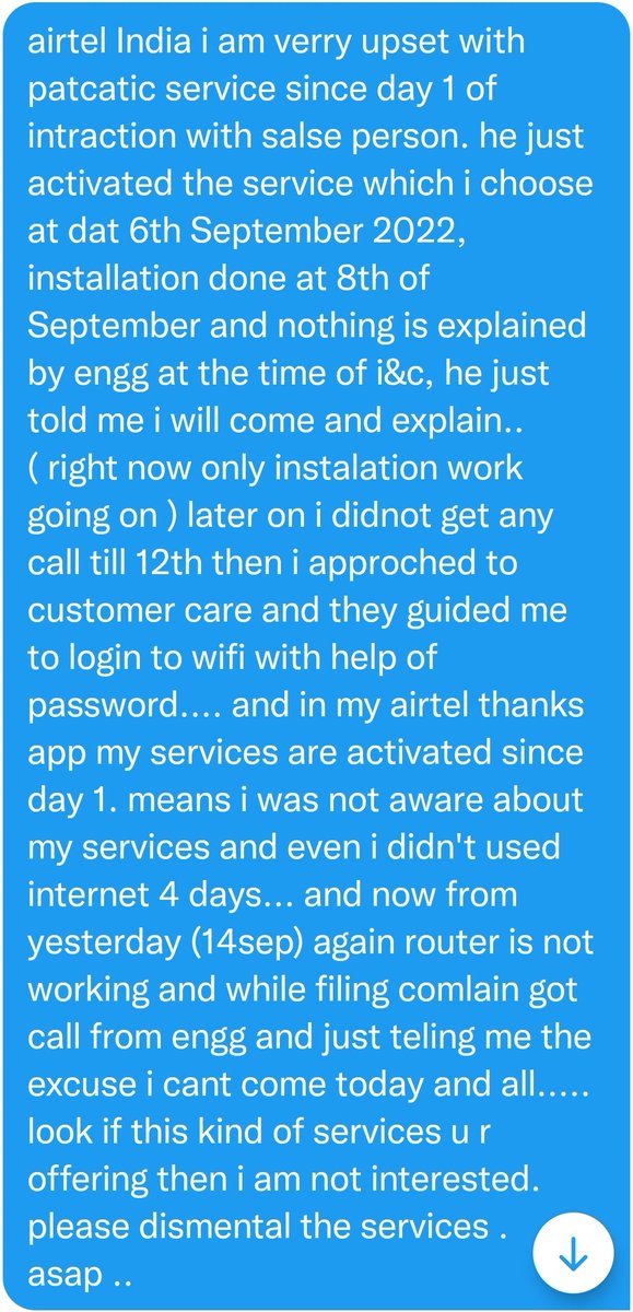 shashi25341's tweet photo. @airtelindia #pathaticservice no one intrested to resolve the issue..!!

"Airtel Xtreme superfast speed", but jab chale tab na... https://t.co/tnaRIyE84f