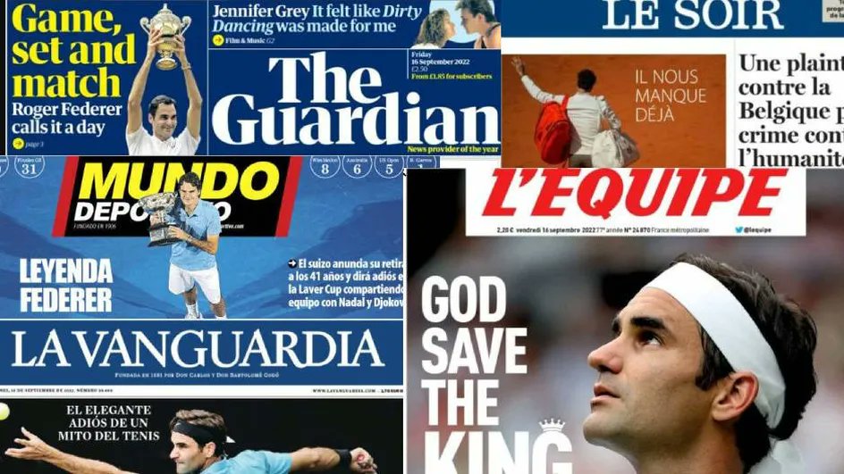 franceinfo's tweet photo. Retraite de Roger Federer : "God save the King", "J'ai vu un roi", "Il nous manque déjà"... La presse du monde entier rend hommage au Suisse

https://t.co/MSGKcVupST https://t.co/qnZDzQwD9W