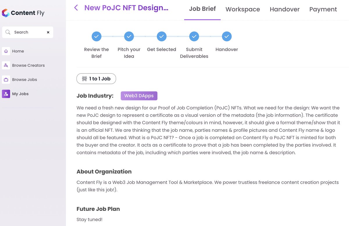 Thank you giving me this opportunity😊
#ContentFly is the great #Web3 job management tool.
There is easy to
/find jobs
/communicate with chat
/check progress (Pitch your idea, Get Selected, Submit Deliverables, Handover)
/claim #NFT and fund $ICP after handover.