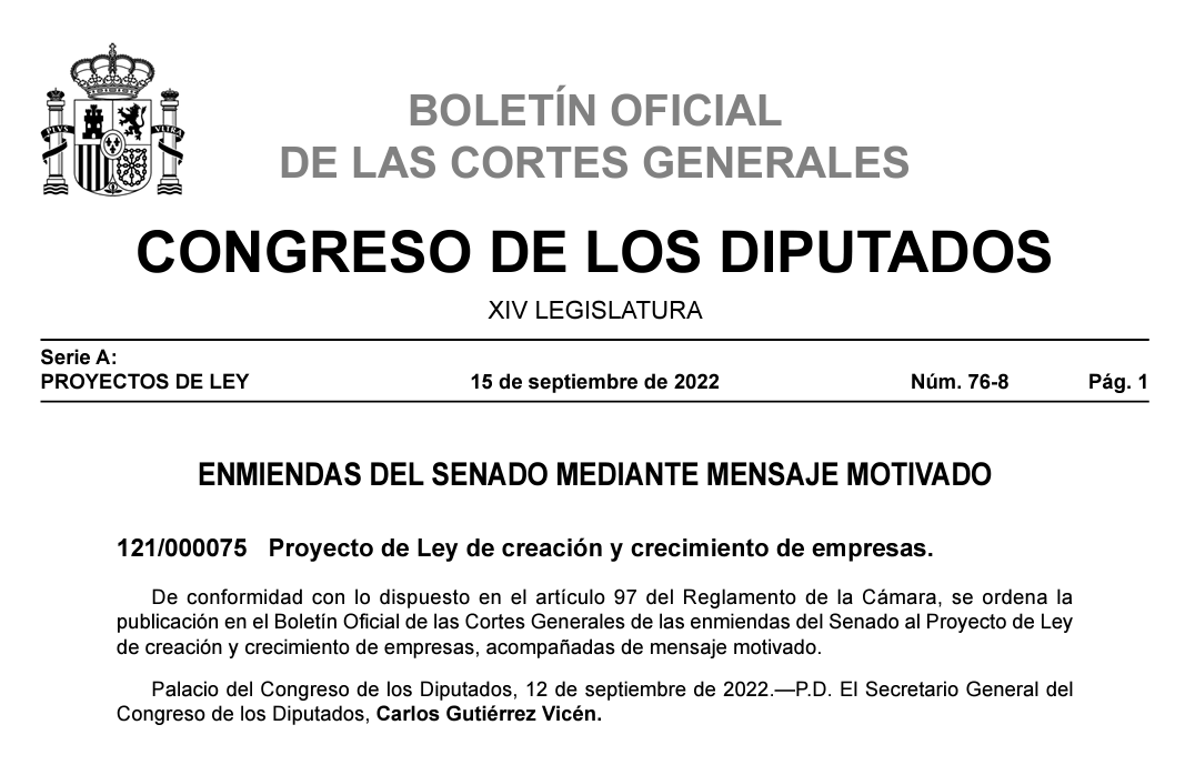 SII_AEAT's tweet photo. El Congreso aprueba la Ley de creación y crecimiento de empresas, via @julianinza  https://t.co/FKtzsLpqPU

Enlace al proyecto de Ley con las enmiendas del Senado: https://t.co/sP4qetxreu https://t.co/5LY73PlWNV