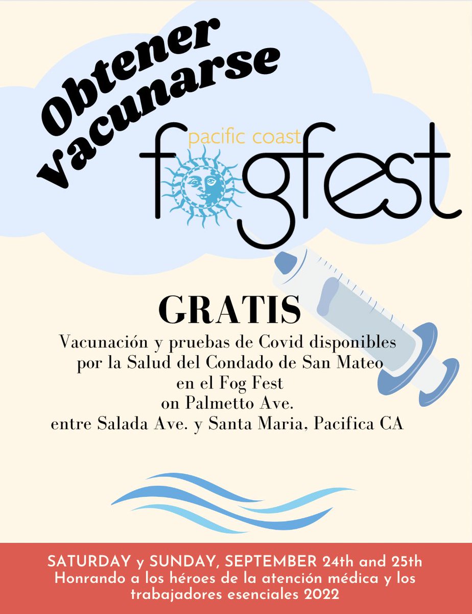 FREE at FOG FEST
Covid vaccination and testing available by 
San Mateo County Health 
on Palmetto Ave. 
The COVID vaccine double booth will be located on the South East Side of Carmel Avenue.
September 24th and 25th from 10:00 - 6:00PM 
#staysafe 
#testing 
#SMCHealth
#Pacifica