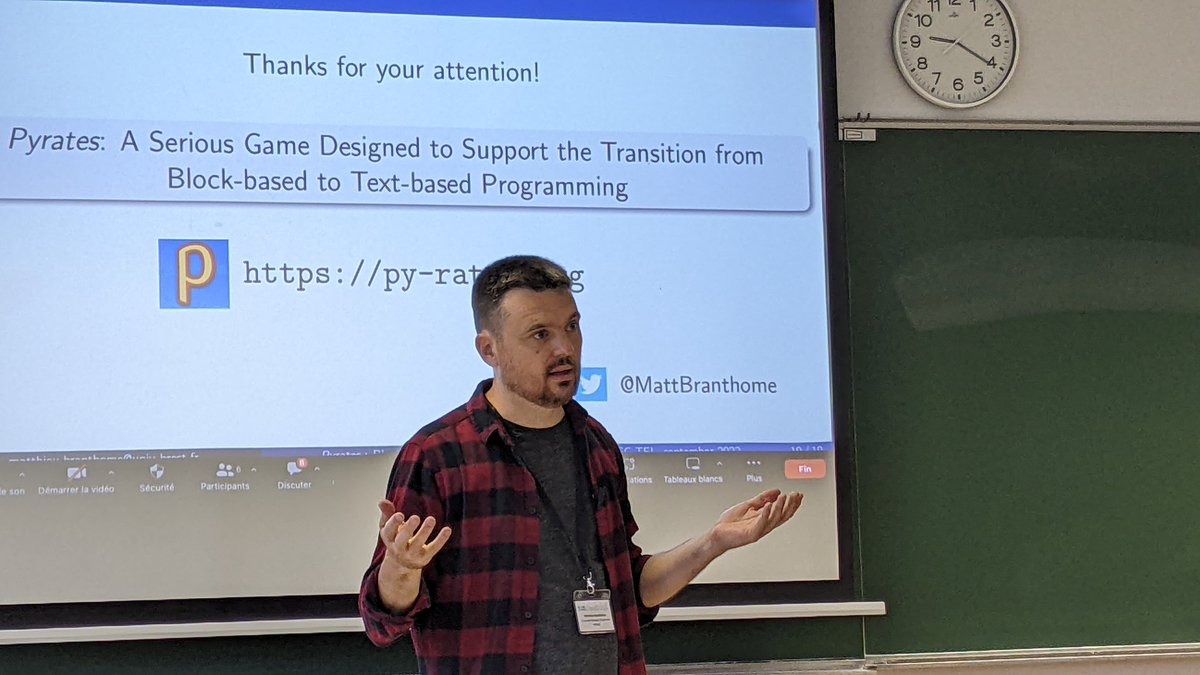 jmgilliot's tweet photo. @MattBranthome on #ectel2022 floor to present his paper "Pyrates: a serious game designed to support the transition from block-based to text-based programming" #cread https://t.co/Dl6WObWlXW
