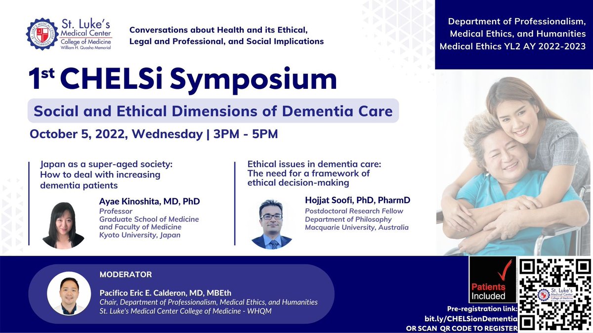 St. Luke’s College of Medicine Medical Ethics (@lukanbioethics) on Twitter photo Do join our #CHELSi on the social and ethical aspects of dementia care, 5 October, Wednesday, 3-5 Manila. This activity is part of the #medethics class of <a href="/LukanMD2026/">SLMCCM Class of 2026 ⚕️</a>. Health students, clinicians, patients are invited. Register here: bit.ly/CHELSionDement… Do join our #CHELSi on the social and ethical aspects of dementia care, 5 October, Wednesday, 3-5 Manila. This activity is part of the #medethics class of <a href="/LukanMD2026/">SLMCCM Class of 2026 ⚕️</a>. Health students, clinicians, patients are invited. Register here: bit.ly/CHELSionDement…