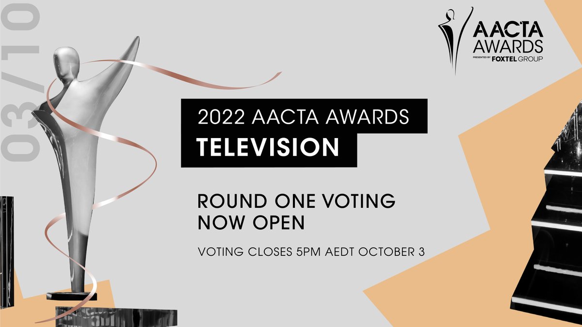 AACTA's tweet photo. Attention all AACTA Members!📣 Round 1 Television Viewing and Voting starts today!🌟 First round voting determines the TV nominees for the 2022 #AACTAAwards 🏆
You can watch all the contenders, plus other great content, on #AACTATV 📺
Voting closes 5pm AEDT, Monday October 3rd https://t.co/YJwiBfcQiB