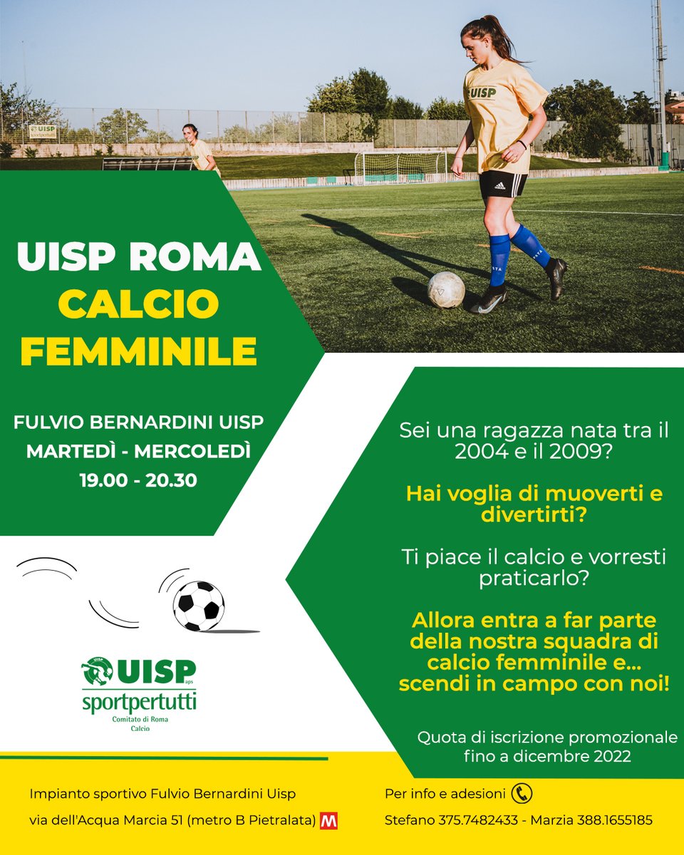⚽️ Scende in campo la 𝗨𝗶𝘀𝗽 𝗥𝗼𝗺𝗮 𝗖𝗮𝗹𝗰𝗶𝗼 𝗙𝗲𝗺𝗺𝗶𝗻𝗶𝗹𝗲

🙋‍♀️ Sei una ragazza nata tra il 2004 e il 2009 e vuoi iniziare o continuare a praticare il calcio? 
Vieni ad allenarti ogni martedì e mercoledì dalle 1️⃣9️⃣:0️⃣0️⃣ alle 2️⃣0️⃣:3️⃣0️⃣ al Fulvio Bernardini UISP