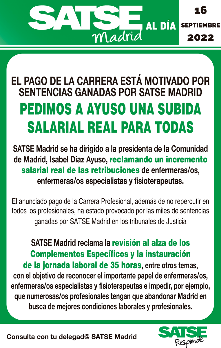 SATSE_Madrid's tweet photo. No @idiazayuso, el pago de carrera NO ES UNA SUBIDA REAL de salario sino su obligación como le ha indicado la justicia en las demandas ganadas por SATSE Madrid.
Reclamamos un incremento de los complementos específicos y la jornada de 35 horas YA‼ https://t.co/oLtxdqdDPT