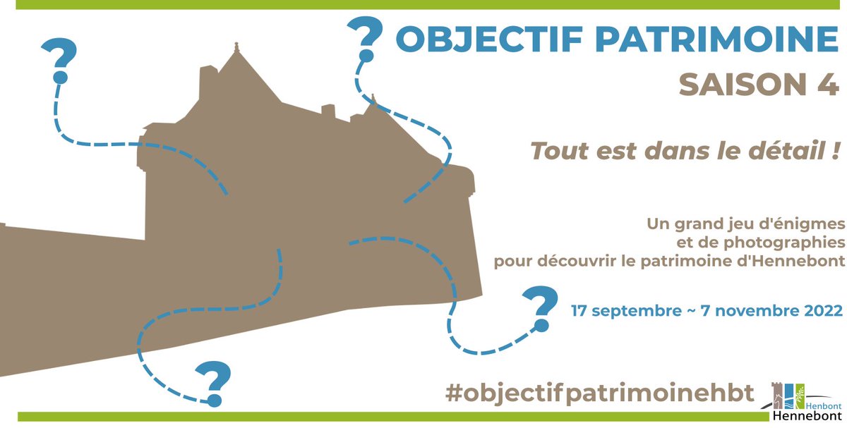 Le <a href="/svapat/">Valorisation du Patrimoine - Hennebont (56)</a> profite des <a href="/JEP/">Journéesdupatrimoine</a> pour lancer la saison 4 du jeu #objectifpatrimoinehbt. Vous aurez 1 mois et 1/2 pour résoudre des #énigmes sur le #patrimoine d'#Hennebont
Inscriptions et infos sur : fb.me/e/5B5T9ALzp