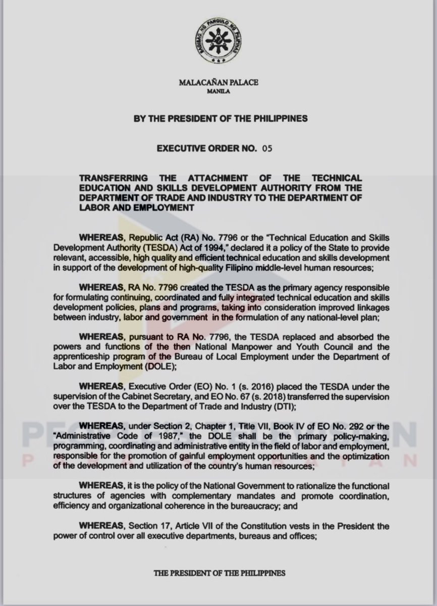 PTVph's tweet photo. JUST IN: President Ferdinand R. Marcos Jr. has ordered the transfer of the TESDA from the Department of Trade and Industry (DTI) to the Department of Labor and Employment (DOLE).

This is through Executive Order No. 5 signed today, September 16. https://t.co/btK077nO6t