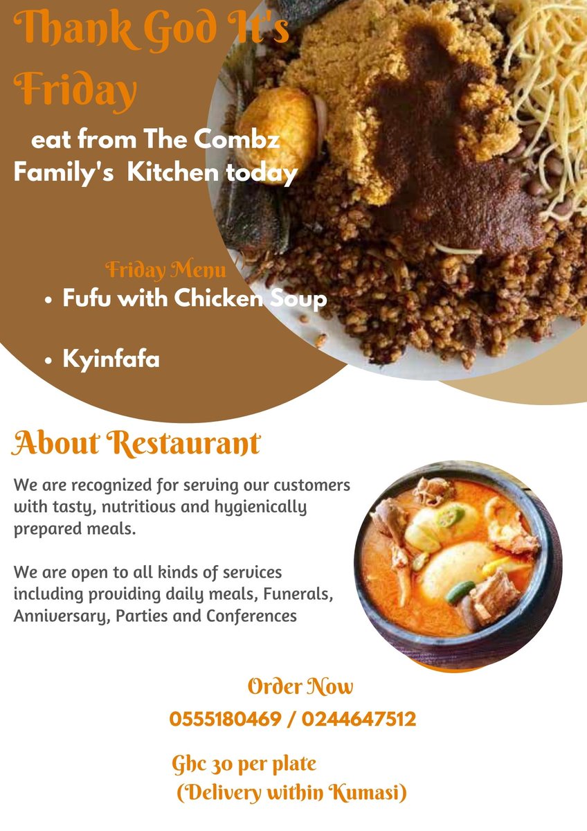 CombzfamKitchen's tweet photo. Hello Kumasi 👋🏾
Thank God it's Friday

 eat from The Combz Family's Kitchen, your 👇

📍Fufu with Chicken soup
📍 Kyinkafa 

Ghc 30 per plate (Delivery only- within #Kumasi)

Place your Order Now:👇🏾
0555180469 / 0244647512

Combz, aduane papa fie! 

Combz, we deliver on time! https://t.co/loeZbdUh4E