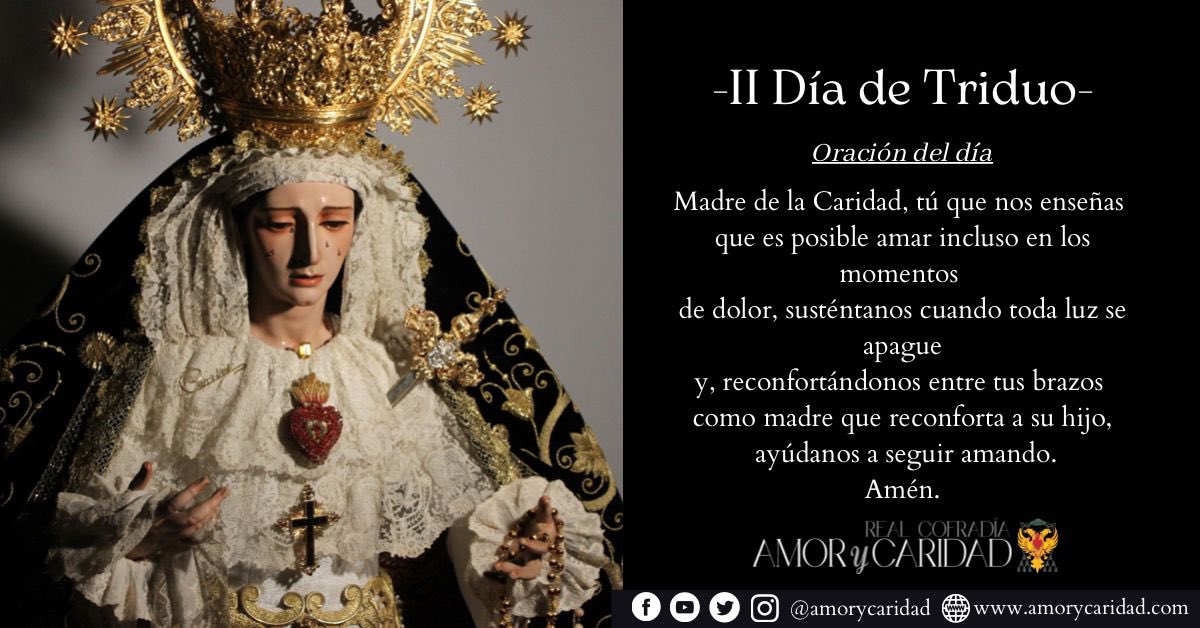AmoryCaridad's tweet image. #Cultos||

⚜️II día de Triduo.

⌚️19:30h: Santo Rosario.

⌚️20h: Santa misa

▫️Al término, XXV Exaltación a Nuestra Señora de la Caridad realizada por nuestros hermanos Pilar Martín, Francisco Cantos y Rafael Cassini.

#CofradiasMLG