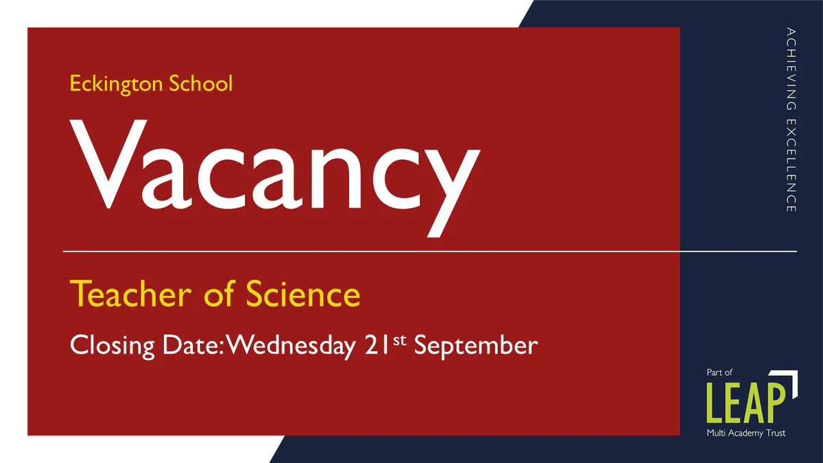 We have a great opportunity, here at Eckington, to join us a Teacher of Science! Click the link below to find out more and apply 👇 🔗bit.ly/LEAPMAT-Vacanc… 📆Closing Date: Wednesday 21st September. #EduJobs #EduTwitter #Hiring