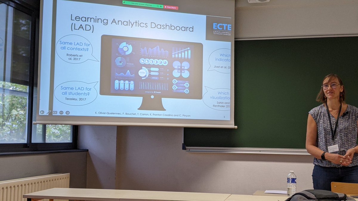 jmgilliot's tweet photo. Katia Quelennec on stage to present her work on dashboards students' use using #PaDLAD participatory tool #ectel2022 https://t.co/w4mObguskX