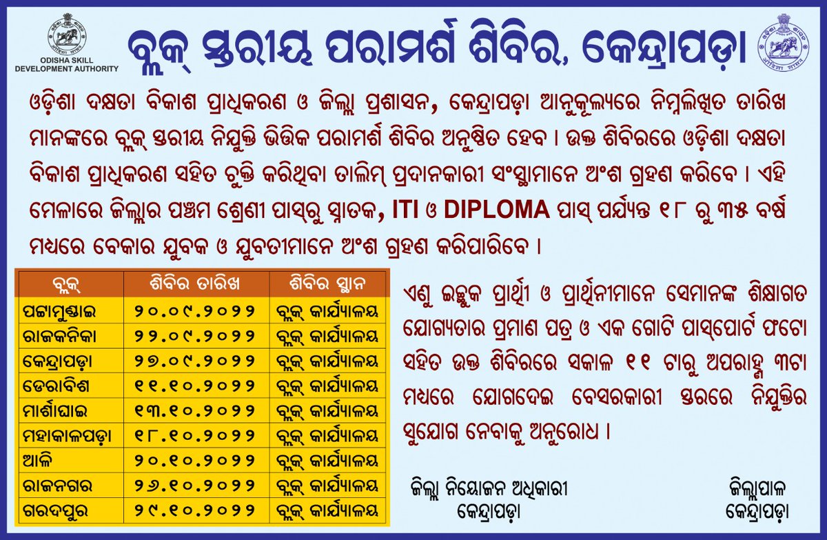 dmkendrapara's tweet photo. Attention Job seekers!! Counselling camp for Placement Linked training programme under Odisha Skill Development authority will be conducted in each block. Details given in the photos. Please avail the opportunity to get skilled and get placed.@SDTE_Odisha https://t.co/d49d0ZBHC5