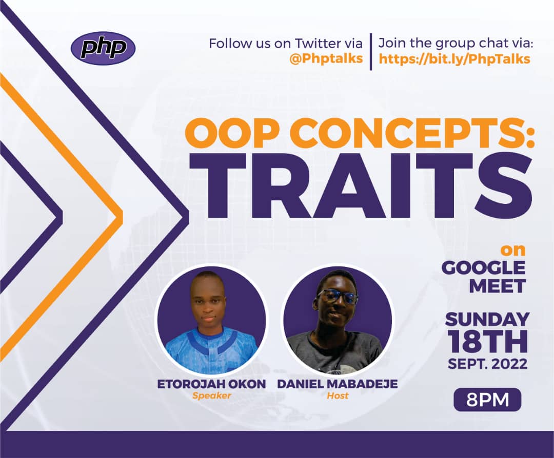PhpTalks's tweet photo. This sunday we will be having another amazing session with @EtorojahO on another part of code genetics
Traits!!
Trust me, you don't want to miss this one
#php #phptalks #phptalkswithdaniel #code https://t.co/yLP3HlNNVF