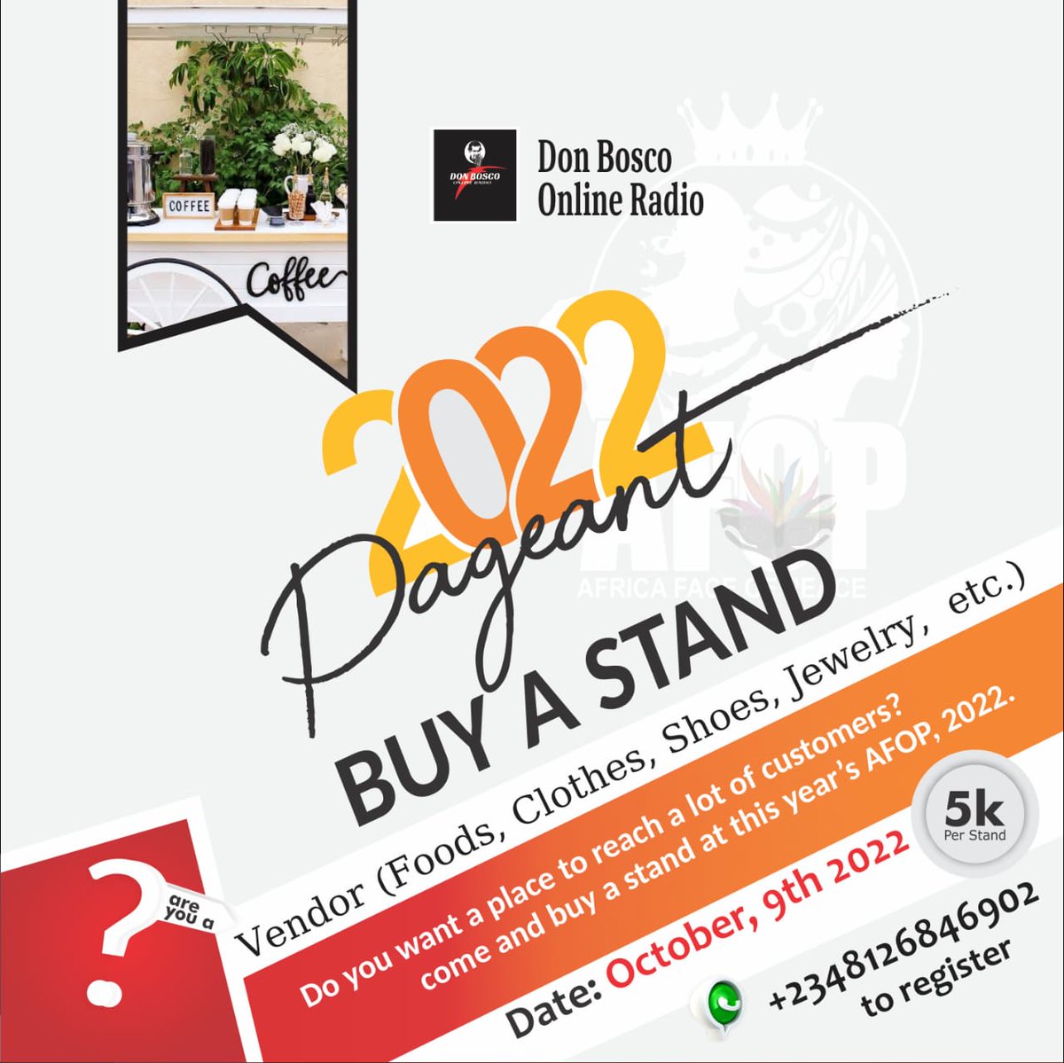 donbosco_radio's tweet photo. The biggest Pageant of the Falls Season in Akure is back again. Don Bosco Online Radio Presents AFOP2022. 
Are you a vendor and you need a spot to reach a large customer base?
Register for a slot today. https://t.co/TeqVn2J5zk