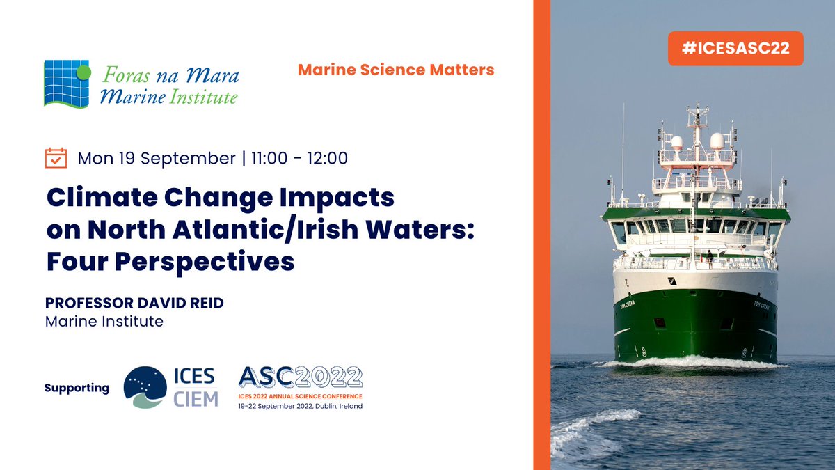 Ireland will lead the marine science conversation on Monday 19 September at @ICES_ASC with an opening keynote on how climate change is impacting North Atlantic/Irish waters.

Joining the panel are experts from Marine Institute <a href="/ucddublin/">University College Dublin</a> <a href="/MaynoothUni/">Maynooth University</a> and <a href="/nycinews/">NYCI</a>.
#ICESASC22