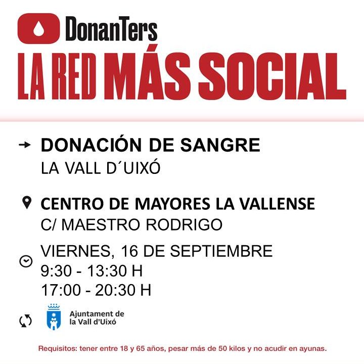 GVAdonasang's tweet photo. Dona sang en #VallDUixò
📅divendres #16setembre

El teu gest #solidari és vital per a atendre les necessitats dels hospitals. 
#Salva3Vides, fes que passe! https://t.co/4OsPr9MiHR