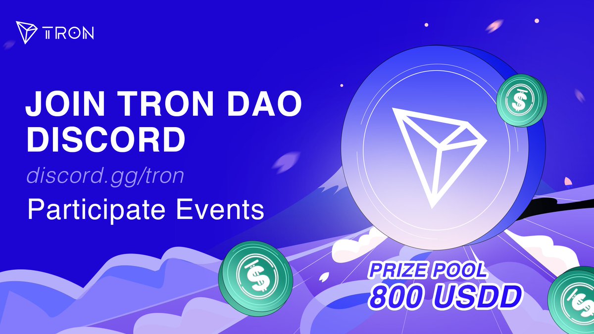 🥳#TRON DAO #Discord Participate Event is live!
🙌Join #TRON discord now &amp; share a total of 800 #USDD prize pool!👇
📍gleam.io/VaeYW/tron-dao…
⏰ Sep 16th 9:00 UTC - Sep 25th 18:00 UTC

✅RT and tag3⃣friends! 5 lucky winners will also be selected to grab 5 #USDD each!
