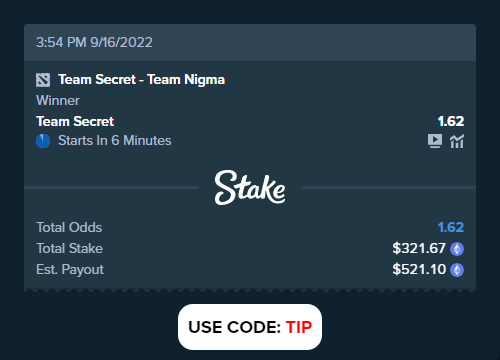 stakesportsbet's tweet photo. Team Secret - Team Nigma
Bet slip link: https://t.co/CQ5R5ORCHN
#TeamSecret #TeamNigma #pancakeswap #cake #freepicks https://t.co/GFguGDA7UK