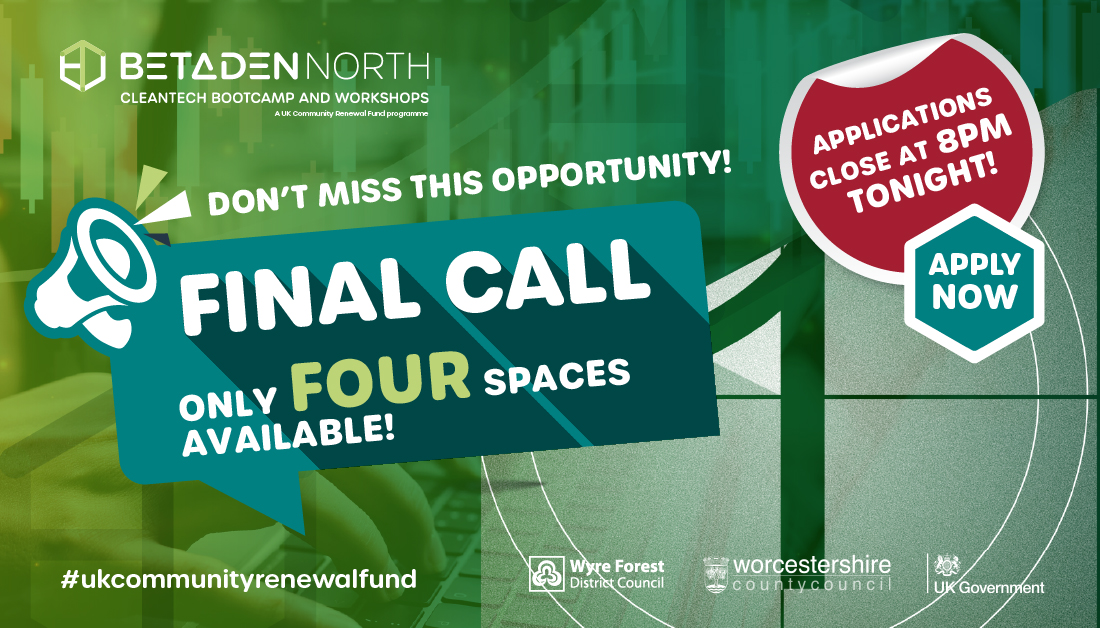 FINAL CALL! ⚠️ Have you applied? Today at 8pm our application window will close! With only 4 places available, this opportunity is not to be missed so if you want the chance of receiving support from #BetaDenNorth, apply today 🌱 Speak to us &amp; act now: bit.ly/3K34UI5