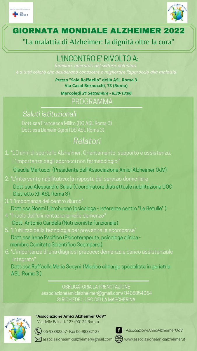 Asl Roma 3 (@aslrm3) on Twitter photo L’ASL Roma 3, insieme con l’Associazione Amici Alzheimer OdV, organizza mercoledì 21 settembre, il convegno dal titolo: "La malattia di Alzheimer: la dignità oltre la cura".
Per saperne di più vai su: aslroma3.it/convegno-la-ma…
<a href="/SaluteLazio/">Salute Lazio</a> <a href="/AlessioDAmato_/">Alessio D'Amato</a> L’ASL Roma 3, insieme con l’Associazione Amici Alzheimer OdV, organizza mercoledì 21 settembre, il convegno dal titolo: "La malattia di Alzheimer: la dignità oltre la cura".
Per saperne di più vai su: aslroma3.it/convegno-la-ma…
<a href="/SaluteLazio/">Salute Lazio</a> <a href="/AlessioDAmato_/">Alessio D'Amato</a>