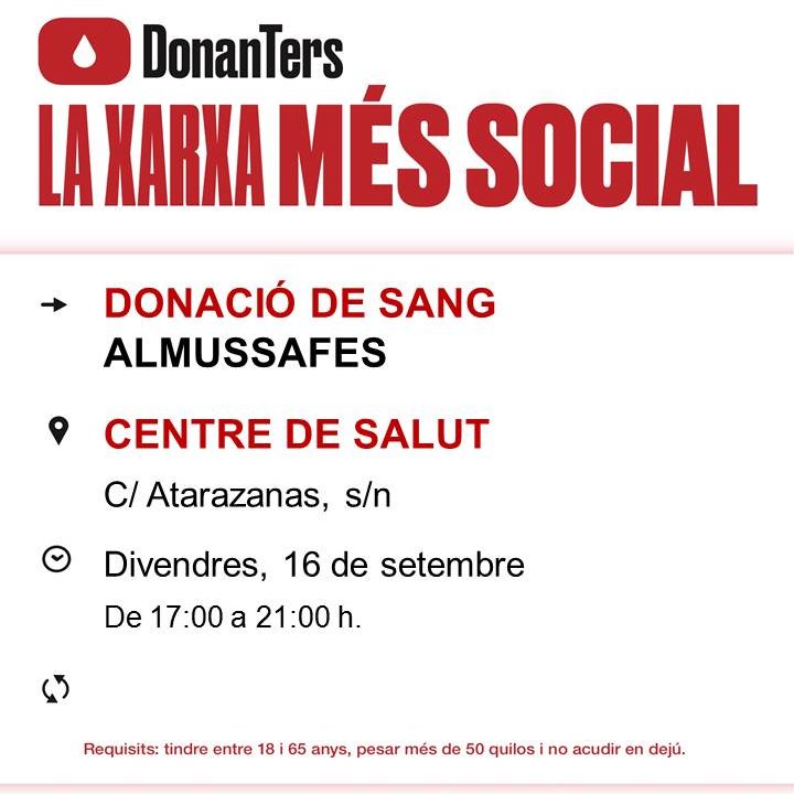 GVAdonasang's tweet photo. Donació de sang  a #Almussafes
📅divendres #16setembre

El teu gest #solidari és vital per a atendre les necessitats dels hospitals. 
#Salva3Vides, fes que passe! https://t.co/XRJgOwy5by