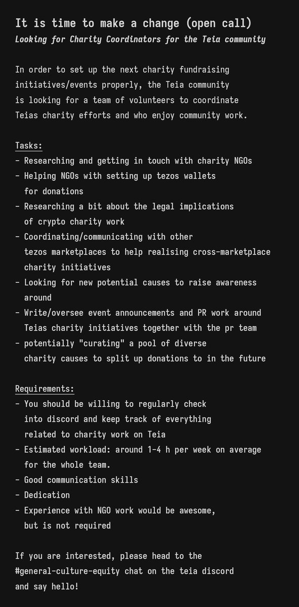 TeiaCommunity's tweet image. 🫀Looking for Charity Coordinators for the Teia community🧠

In order to set up charity fundraisers properly in the future, the Teia community is currently looking for volunteers who are interested in dedicating a bit of time to coordinate and research charity related topics.