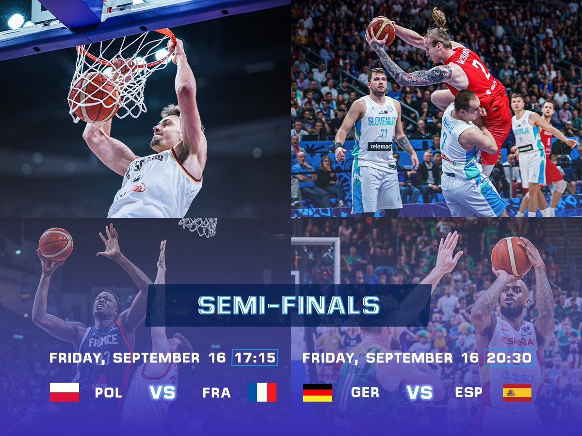 Today are the semifinals of the FIBA EuroBasket 2022. The first game between Poland and France starts at 17:15, followed by the second semifinal between Germany and Spain at 20:30. Which countries will we see back in the final of EuroBasket 2022?