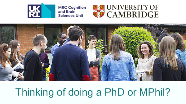 Applications open today <a href="/mrccbu/">MRC Cognition and Brain Sciences Unit</a>

We welcome applications from UK and Overseas individuals who wish to do research on mental health, child development, ageing and dementias, neurological and sensory disorders or basic cognitive neuroscience

See mrc-cbu.cam.ac.uk/studentships/