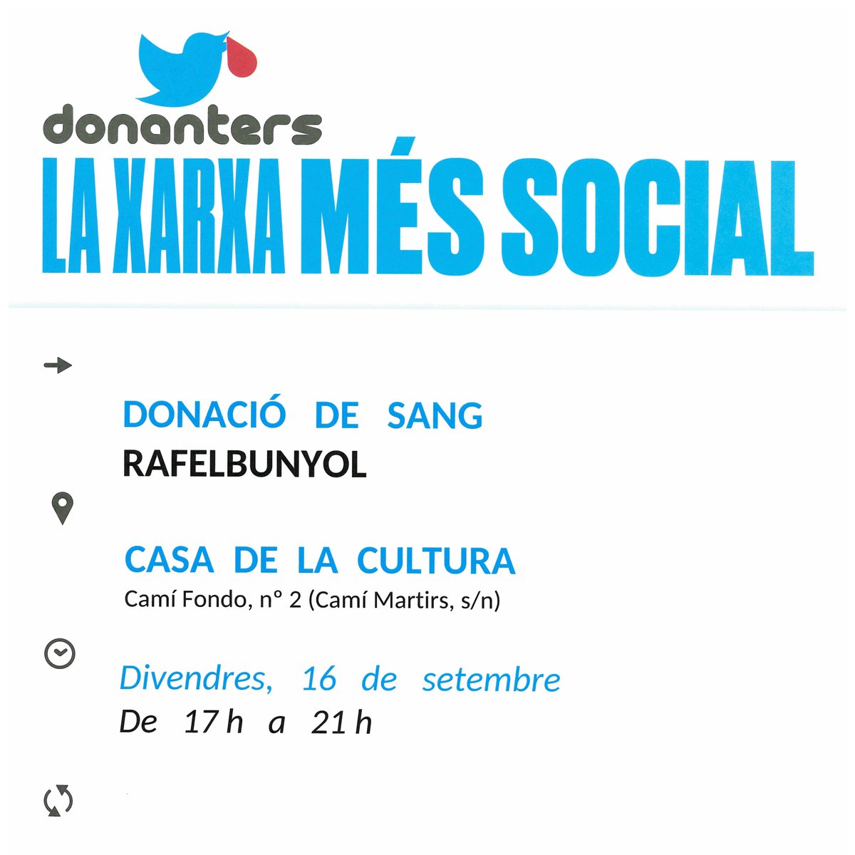 GVAdonasang's tweet photo. Donació de sang  a #Rafelbunyol
📅divendres #16setembre

El teu gest #solidari és vital per a atendre les necessitats dels hospitals. 
#Salva3Vides, fes que passe! https://t.co/zSSh1Qgf0Y