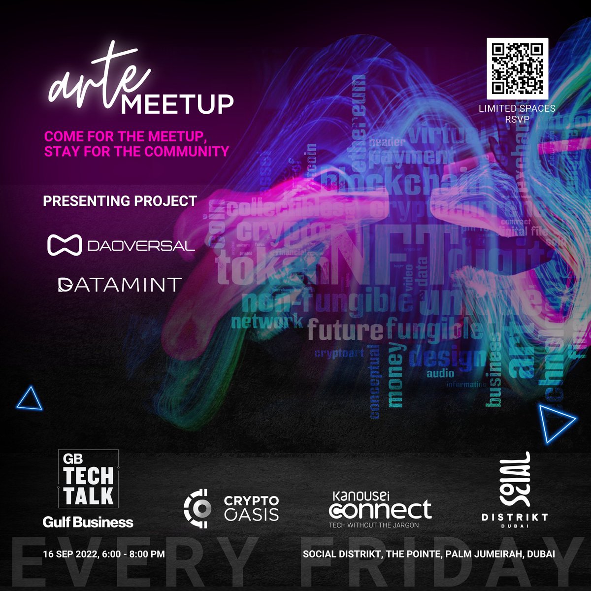 CryptoOasisUAE's tweet image. Today&apos;s arte meetup features two innovative platforms!
✨ #Datamint, a value-added #Blockchain data provider.
✨ @Daoversal, a #Web3 #Metaverse for Creators.

Get to know the community &amp;amp; gain insights from other like-minded individuals.

RSVP:arte.community/register-now/