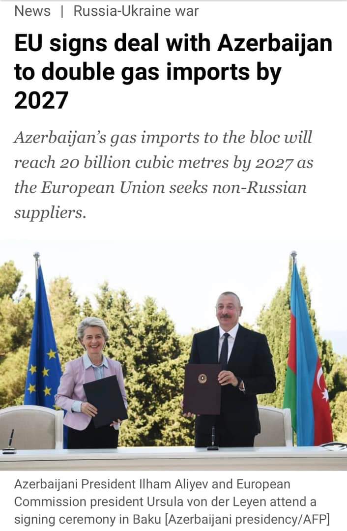 Disgusting double standards..

EU wants an alternative to Russia’s gas, because it is invading Ukraine. Signs a deal to buy Azerbaijan’s gas, which is invading Armenia.... 

Partnering with a worse dictatorship and pretending to care... 

#StopAzerbaijaniAggression