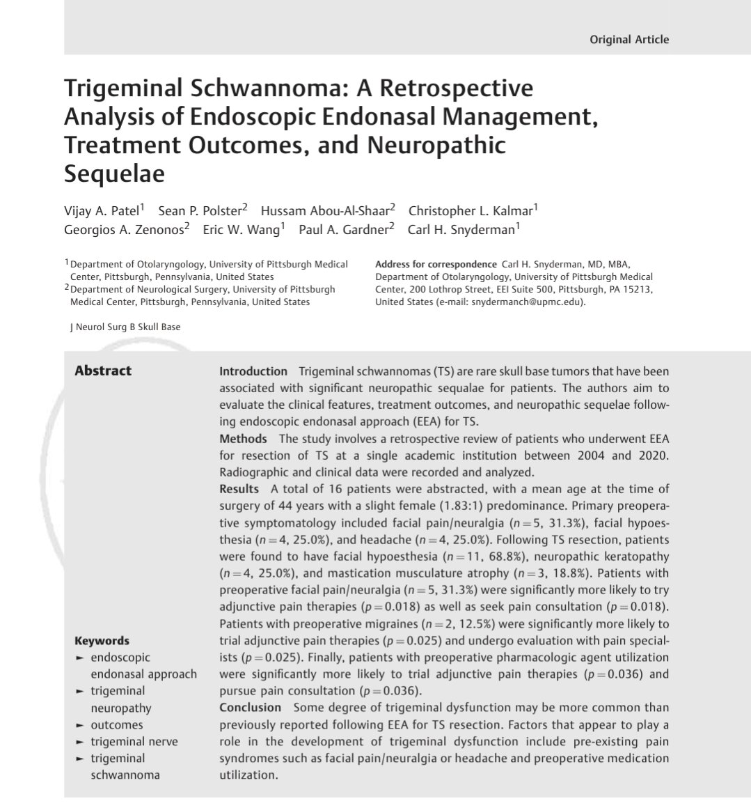 haboualshaar's tweet image. #HotOffThePress Multidisciplinary management of #trigeminal schwannomas using the endoscopic endonasal approach thieme-connect.com/products/ejour…
@PittNeurosurg @GAZenonosMD @NASBSorg