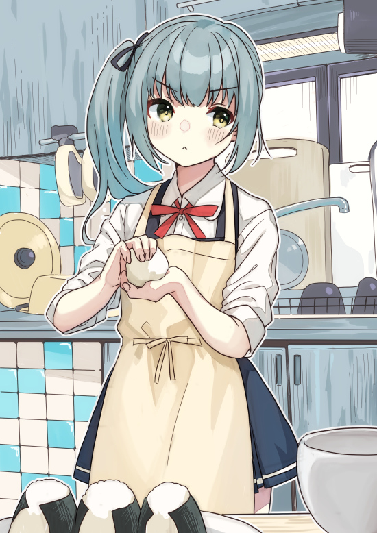 kasumi (kancolle) ,kasumi kai ni (kancolle) 1girl onigiri food solo side ponytail kitchen grey hair  illustration images