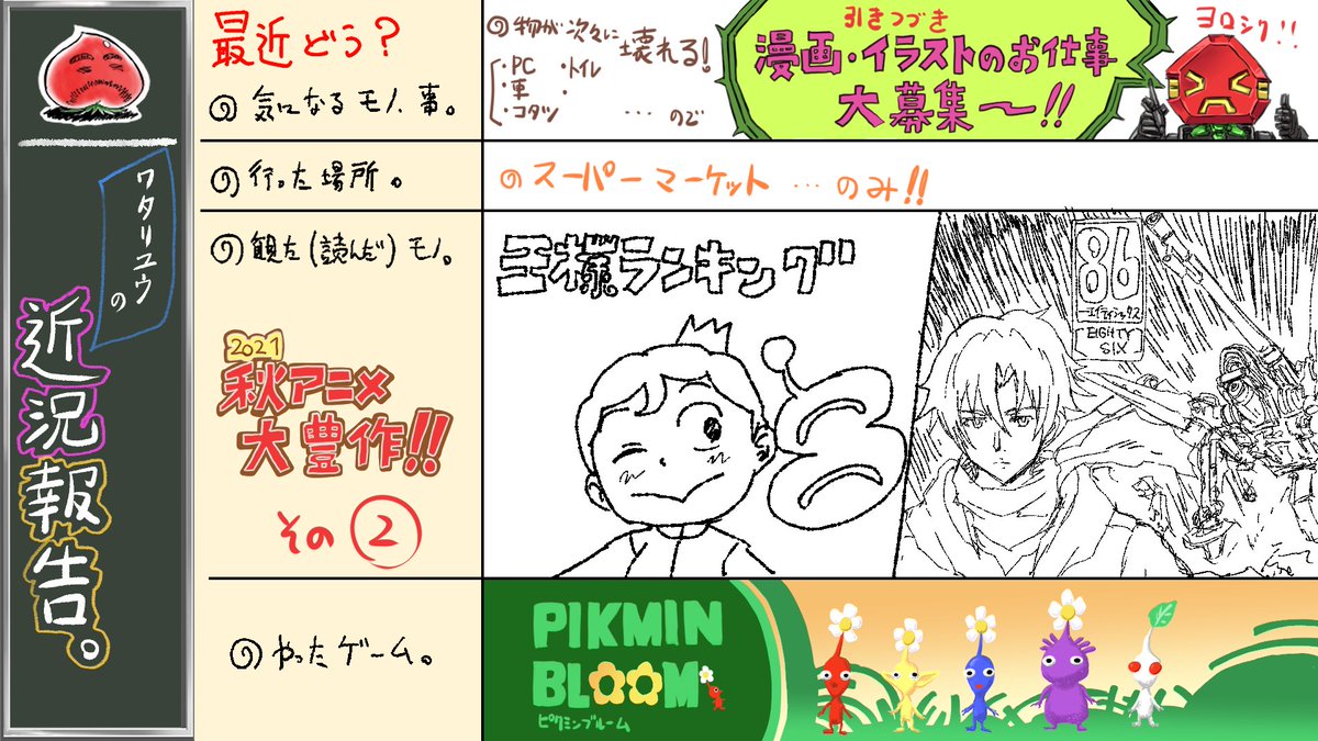 明日の20時からニコ生にて
『企画会議と言う名の…』一年くらいぶり
にお届けいたします。
毎回、こんな感じで近況報告を作ったりしています。
今も今回の分を作成中。
仕上がりは明日の配信をお楽しみに～🎵 