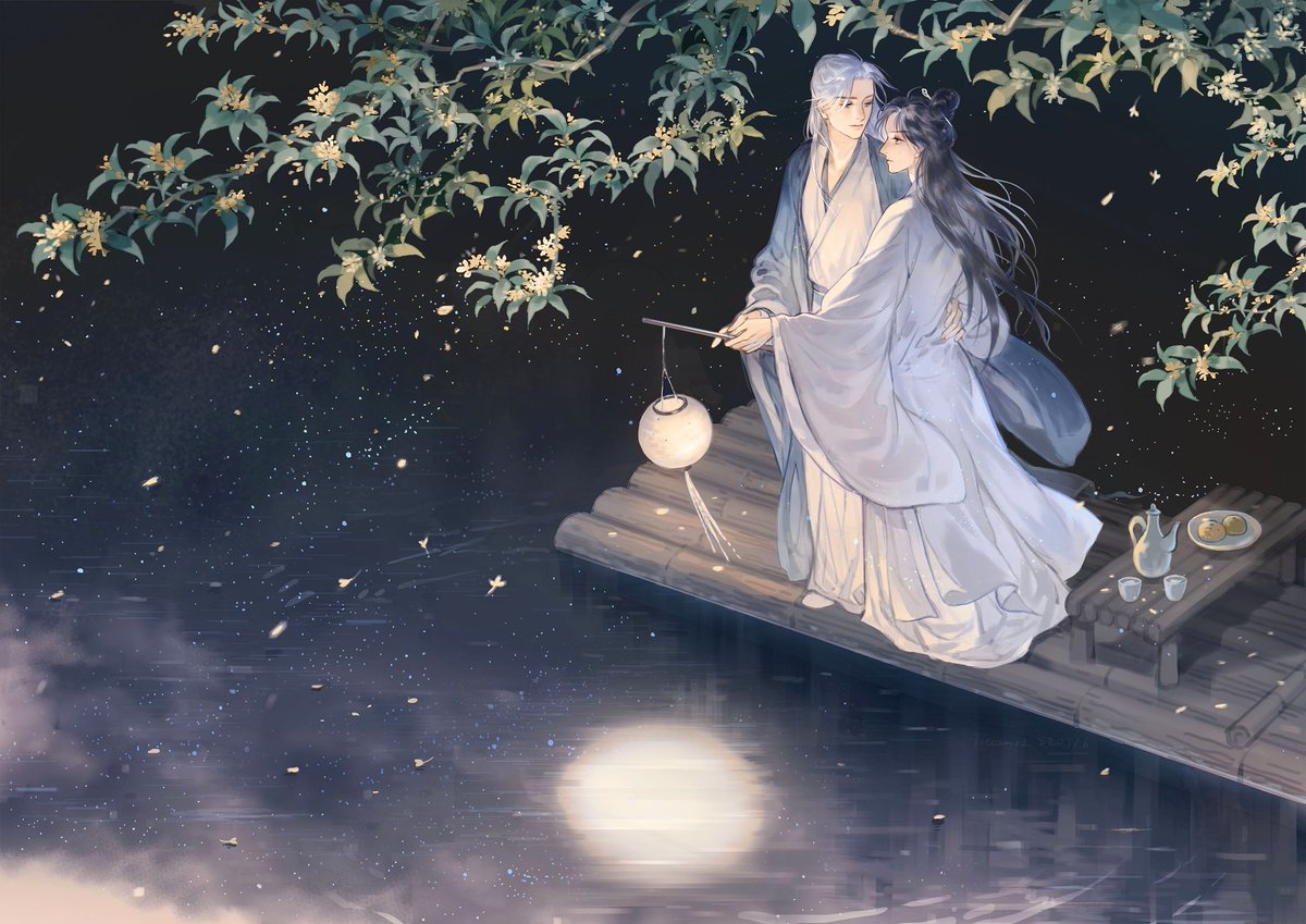 long hair boat lantern night chinese clothes 1boy black hair  illustration images
