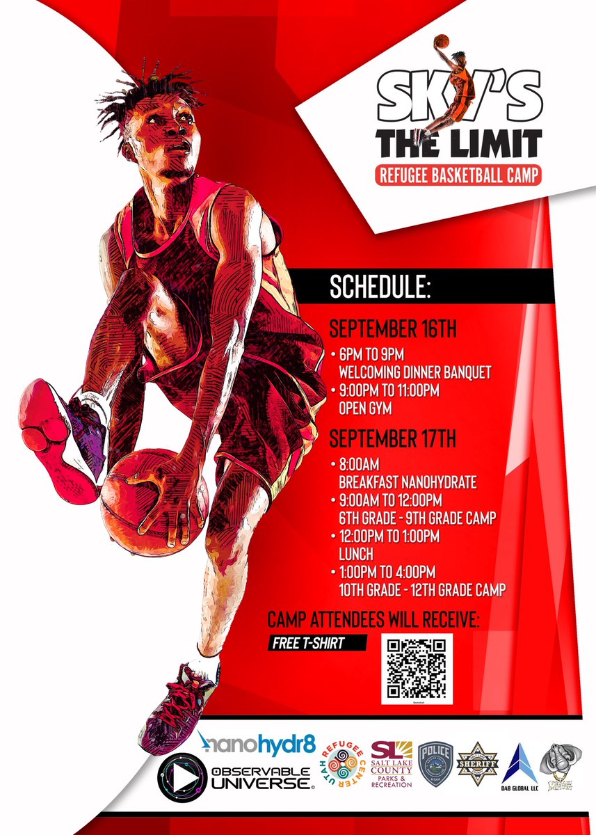 Observableyou's tweet photo. We have our Sky’s The Limit Refugee Basketball Camp kicking off this weekend. We could use volunteers and donations. Come by and say hi if you are in the Kearns area. 5760 S. Cougar Lane. @skysthelimitslc https://t.co/mNORXzZ7Ua