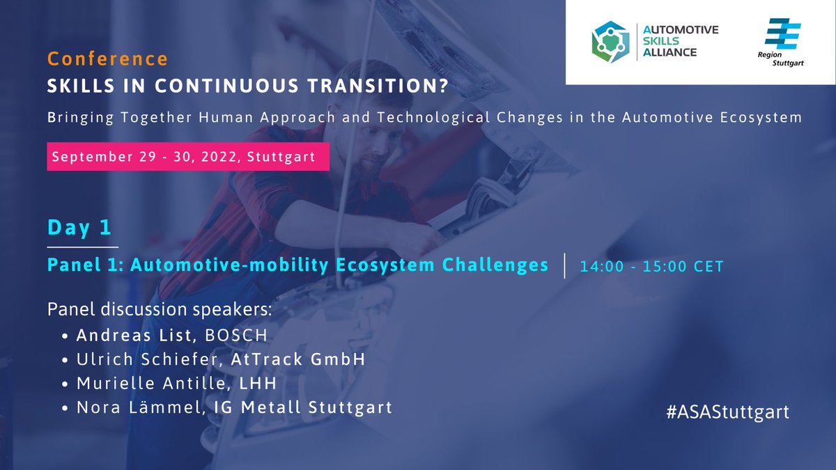 ASA_MobilityEU's tweet photo. What are the challenges of the ongoing transition in the automotive industry? How does this influence the skills needs?
Panel 1โฃ will gather industry experts from the automotive sector.
Find out more: https://t.co/CW9Rkn7OFS
#ASAStuttgart https://t.co/DBPDMRiRQq